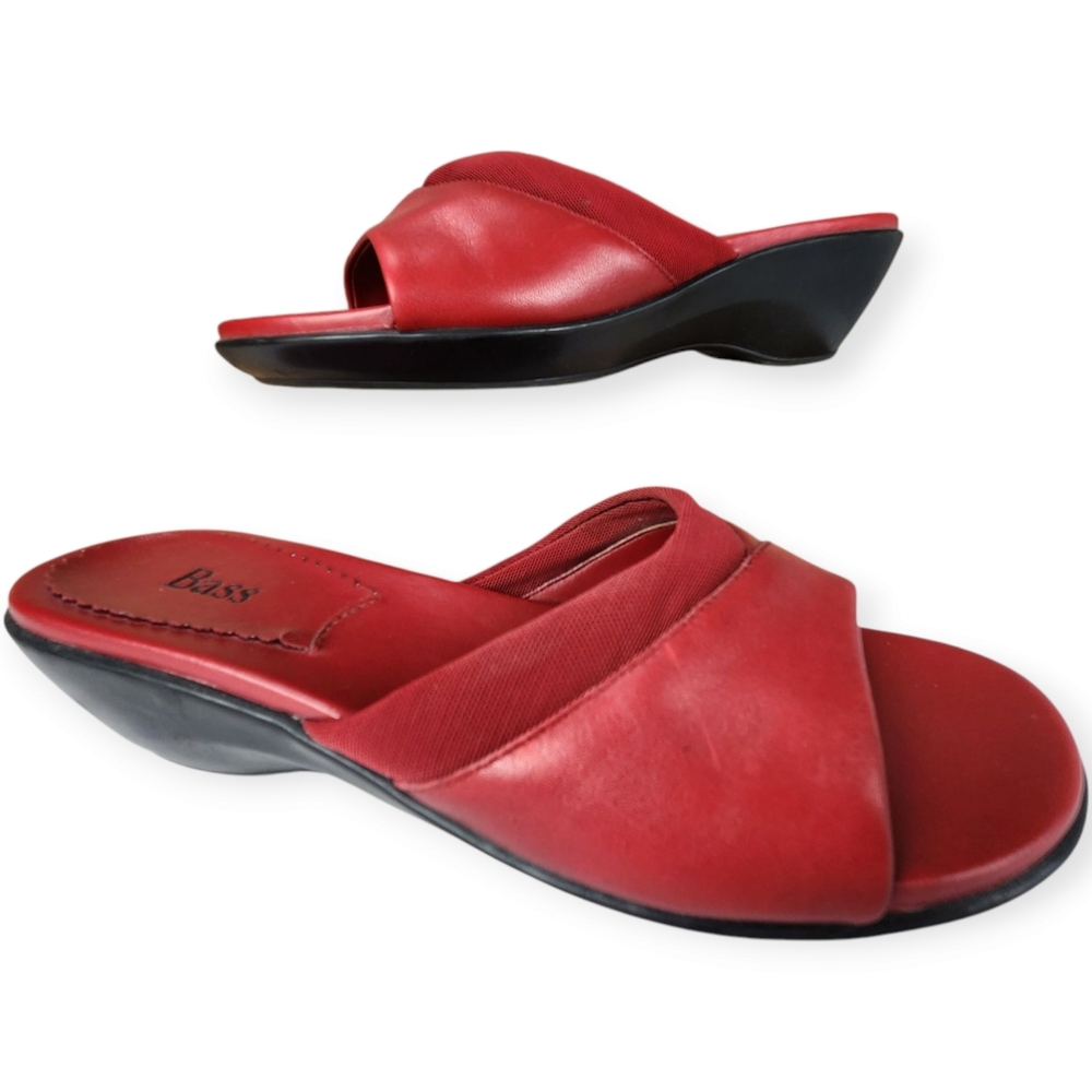Bass Helena Red Leather & Fabric Wedge Slide Slip On Sandals Size 8M
